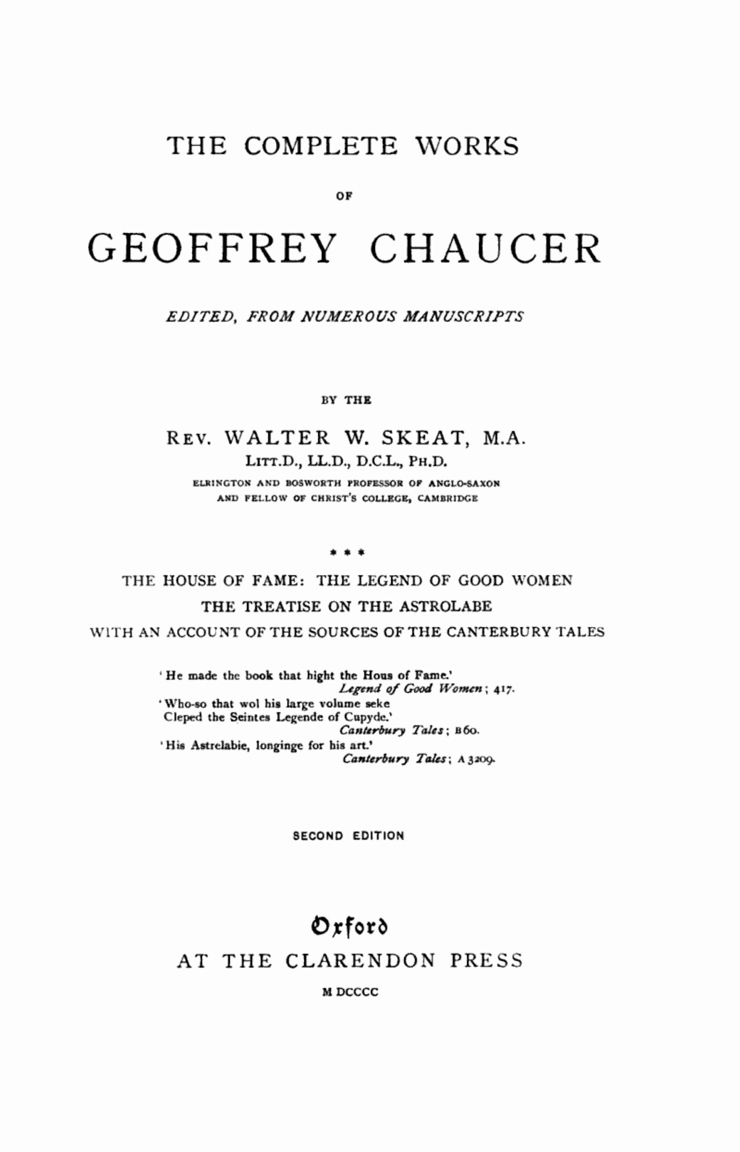 Cover: Chaucer's Works, Volume 3 — The House of Fame; The Legend of Good Women; The Treatise on the Astrolabe; The Sources of the Canterbury Tales