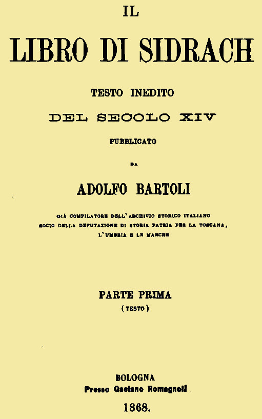 Cover: Il libro di Sidrach testo inedito del secolo XIV pubblicato da Adolfo Bartoli [PG 44549]