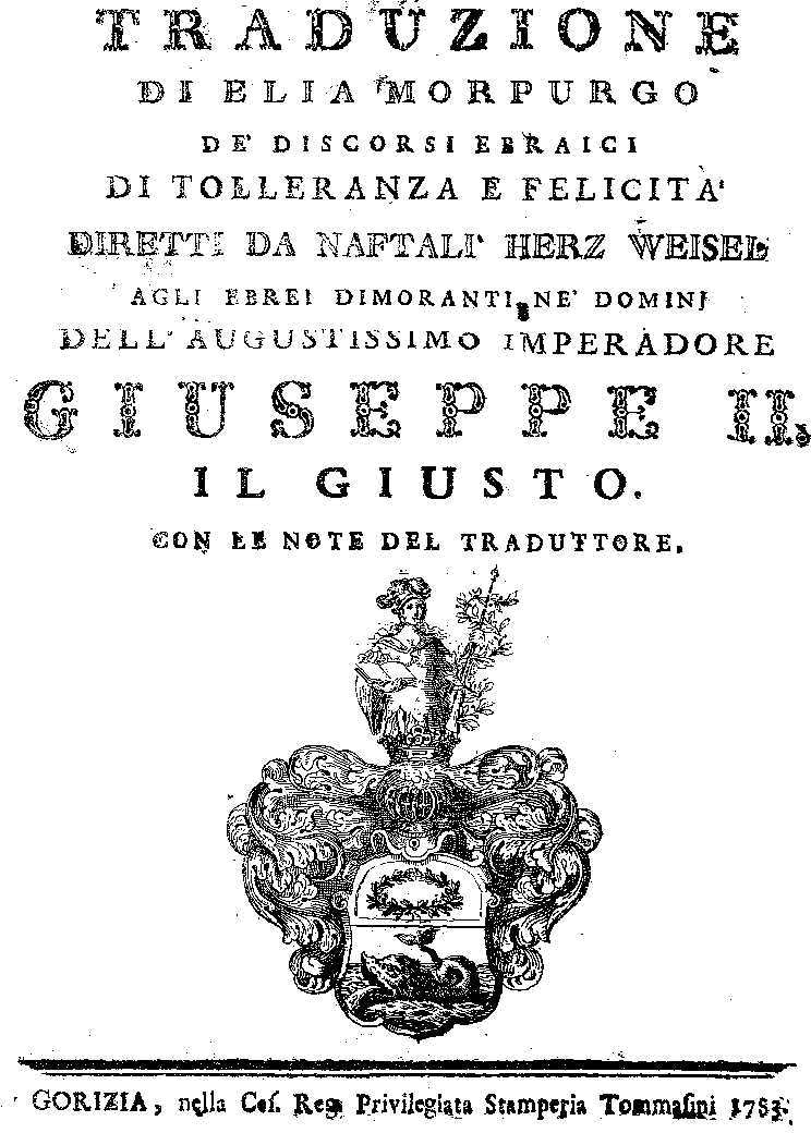 Cover: Traduzione di Elia Morpurgo de' Discorsi Ebraici di Tolleranza e Felicità diretti da Naftalì Herz Weisel, agli Ebrei dimoranti ne' dominj dell'Augustissimo Imperadore Giuseppe II.